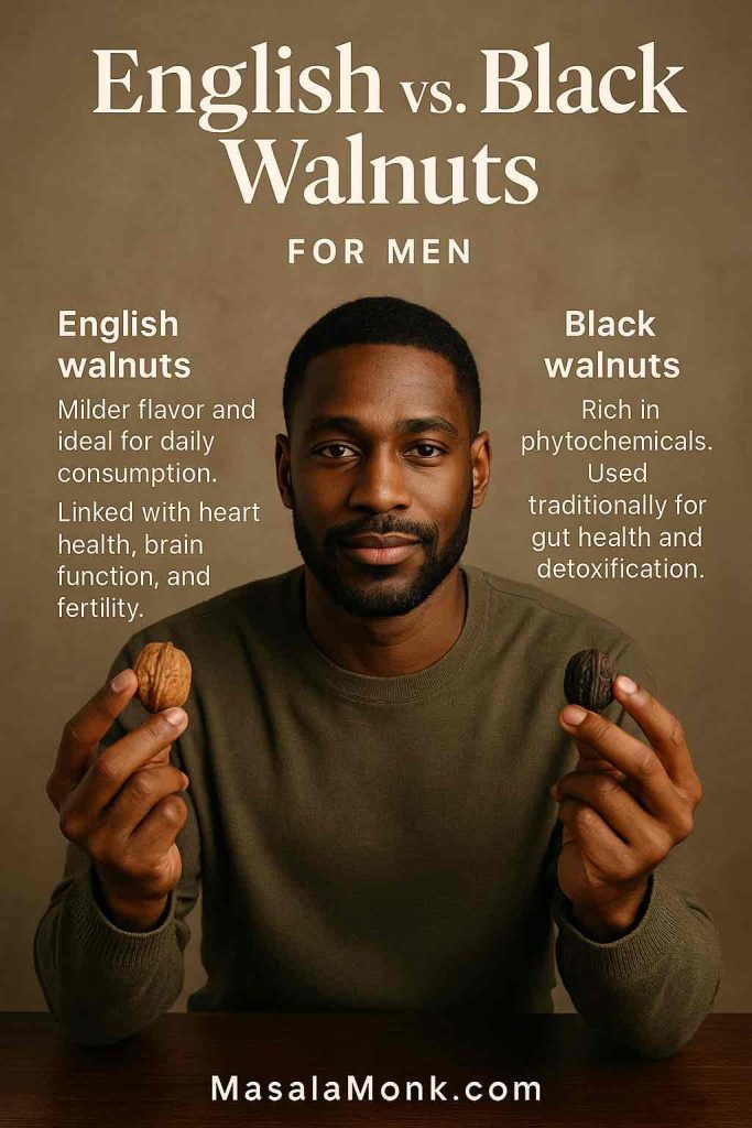 Man holding an English walnut and a black walnut side by side, showing the differences in flavor, nutrition, and health uses.