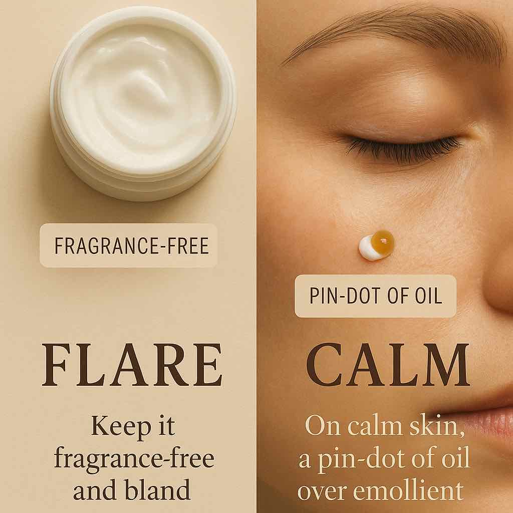 Eyelid dermatitis care, flare vs calm: ointment-only during flares; on calm skin a tiny, skin-only layer of castor oil below the lash line.
