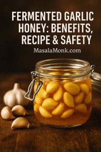 Fermented garlic honey in a glass jar with garlic cloves, natural remedy for immunity, cough relief, and heart health.