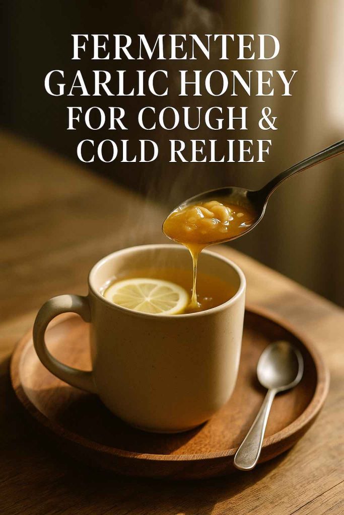 A spoonful of fermented garlic honey stirred into lemon tea for cough and cold relief.