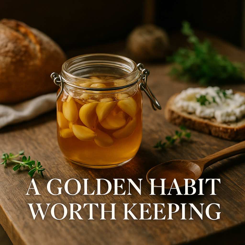 Jar of fermented garlic honey on rustic table with bread and cheese, daily wellness habit.