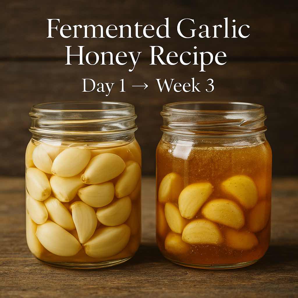 Fermented garlic honey recipe showing jars on Day 1 and after 3 weeks, garlic cloves turning translucent and honey bubbling.