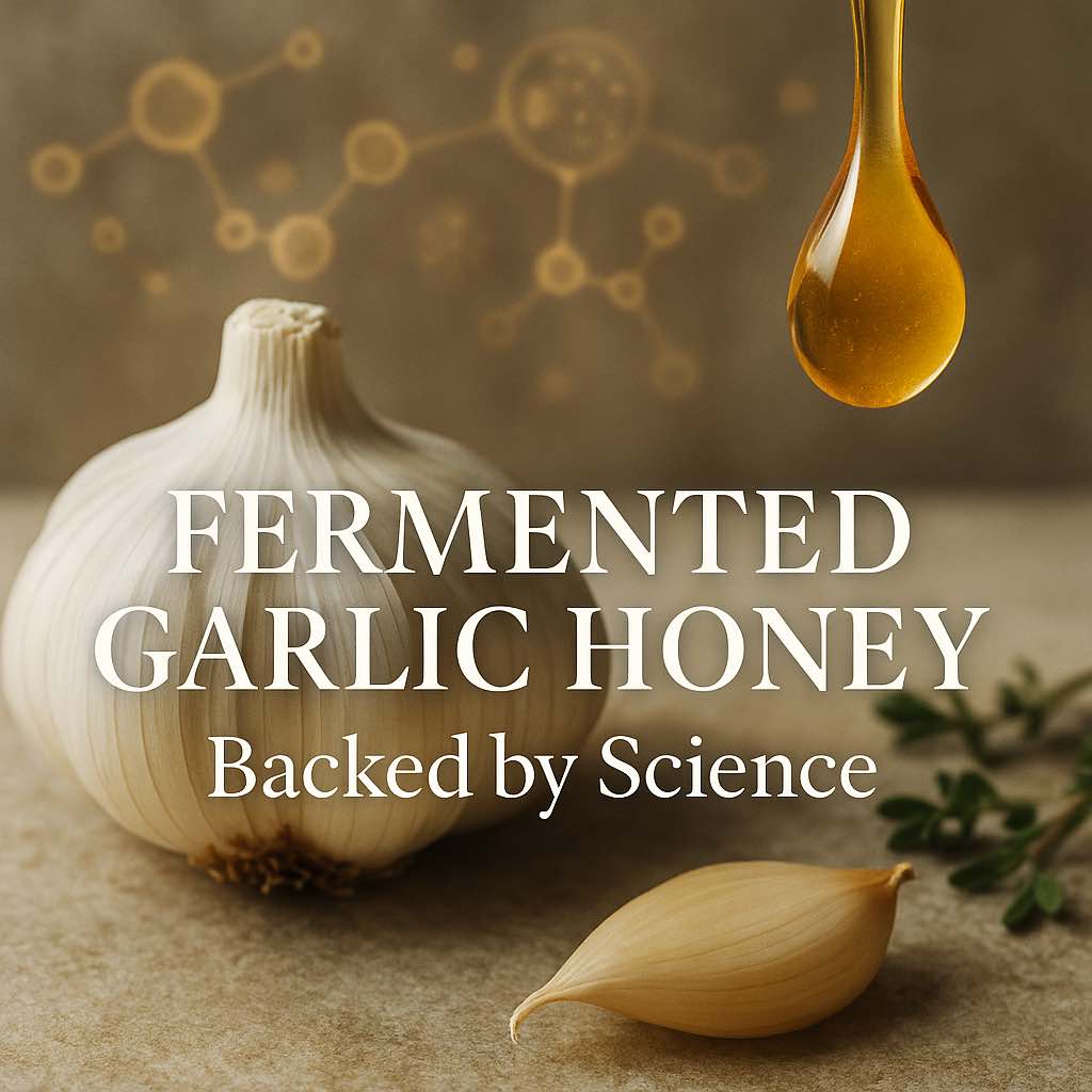 Garlic bulb and honey drop with molecular graphics representing antioxidants and antimicrobial benefits.