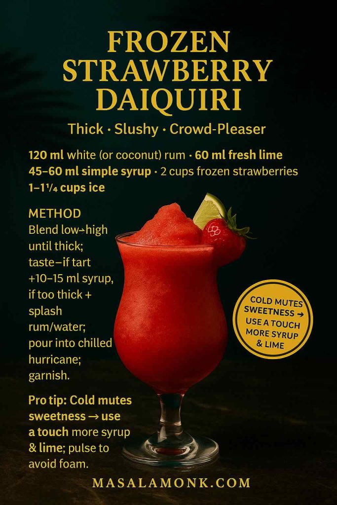 Frozen Strawberry Daiquiri recipe card with red slush in a hurricane glass; overlay lists 120 ml white or coconut rum, 60 ml lime, 45–60 ml syrup, 2 cups frozen strawberries, 1–1½ cups ice, and blend-low-to-high method — MasalaMonk.