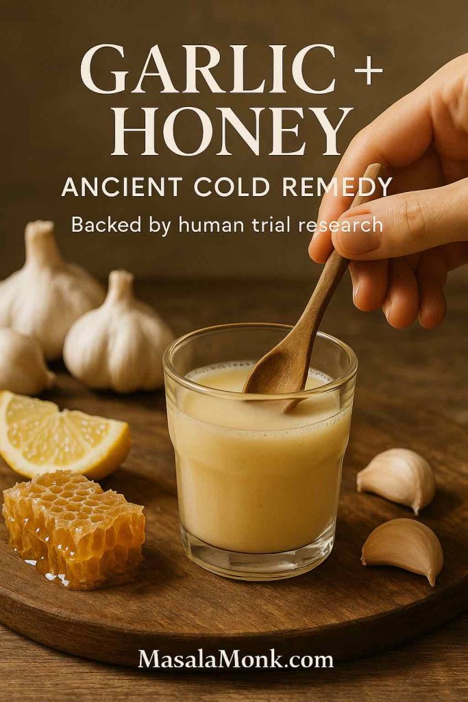 Creamy garlic honey wellness shot with garlic cloves and honeycomb, highlighting its traditional cold-fighting properties.