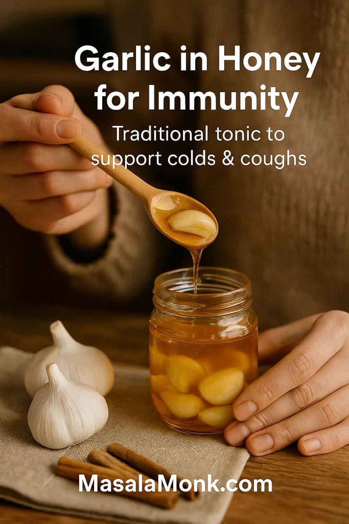 Close-up of a hand spooning garlic cloves in honey from a glass jar on a rustic table, with text overlay “Garlic in Honey for Immunity — Traditional tonic to support colds & coughs.” MasalaMonk.com branding in footer.