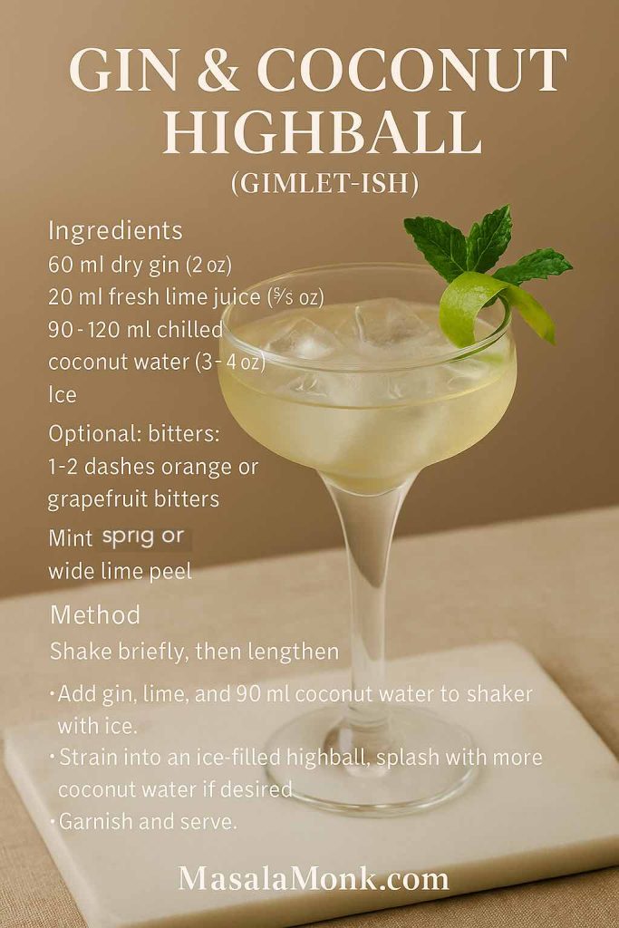 Gin & Coconut Highball (Gimlet-ish) recipe card: pale gin cocktail in a stemmed coupe on warm linen with mint sprig and wide lime peel; overlay lists 60 ml gin, 20 ml fresh lime, 90–120 ml coconut water, brief shake-then-lengthen method; MasalaMonk.com footer.