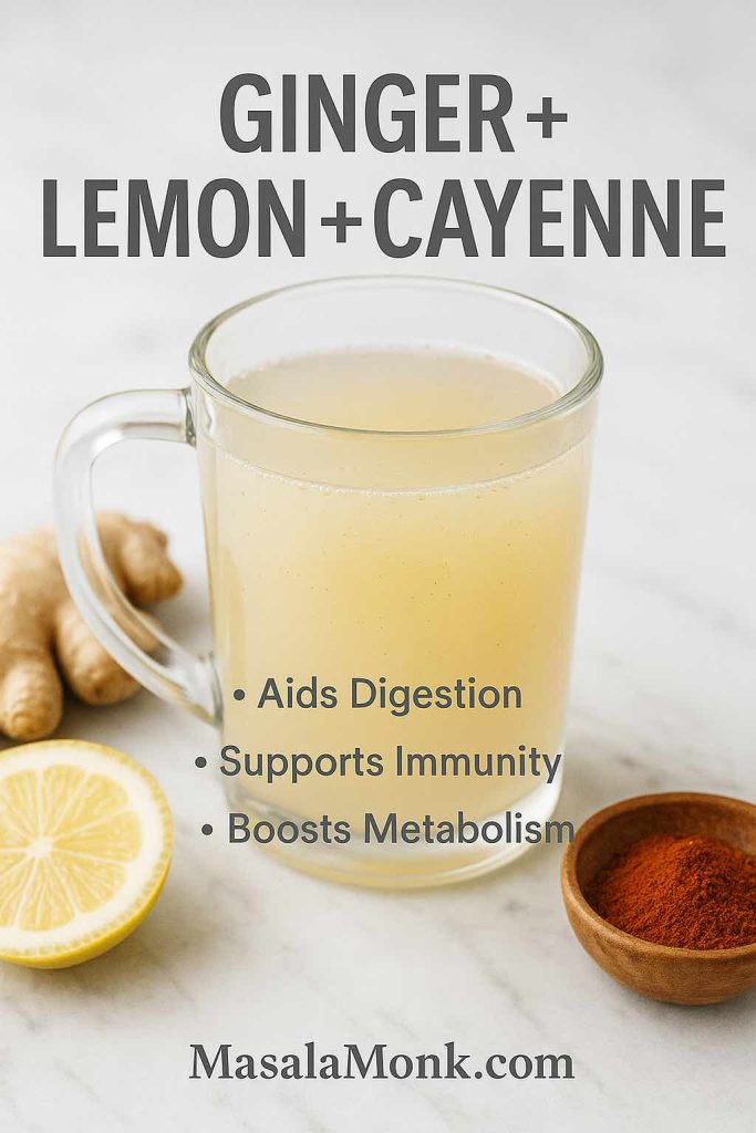 Photorealistic mug of warm ginger, lemon, and cayenne tea on a light marble surface with fresh ginger, a lemon half, and a small bowl of cayenne; headline reads “Ginger + Lemon + Cayenne” with bullets “Aids Digestion • Supports Immunity • Boosts Metabolism”; MasalaMonk.com footer.