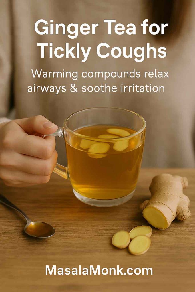 A woman wrapped in a blanket sipping ginger tea with lemon and honey, with text overlay “Ginger Tea for Tickly Coughs — Warming compounds relax airways & soothe irritation.” Featured as part of natural cough remedies. MasalaMonk.com branding in footer.
