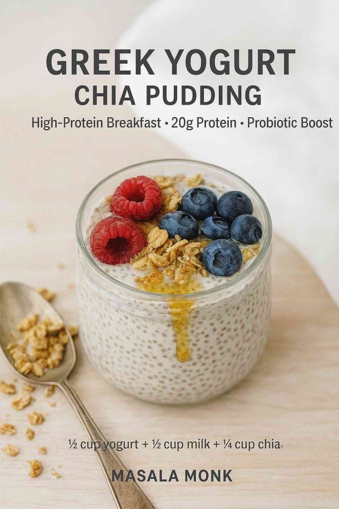 Glass jar of chia pudding made with Greek yogurt, topped with raspberries, blueberries, granola, and honey drizzle.