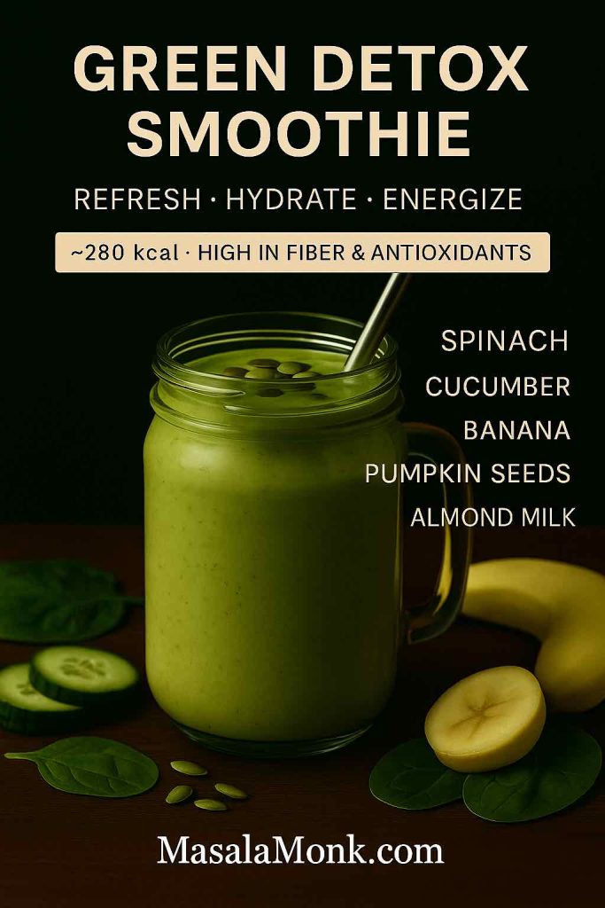 Glass jar of green detox smoothie with spinach, cucumber slices, banana, and pumpkin seeds on a rustic table.