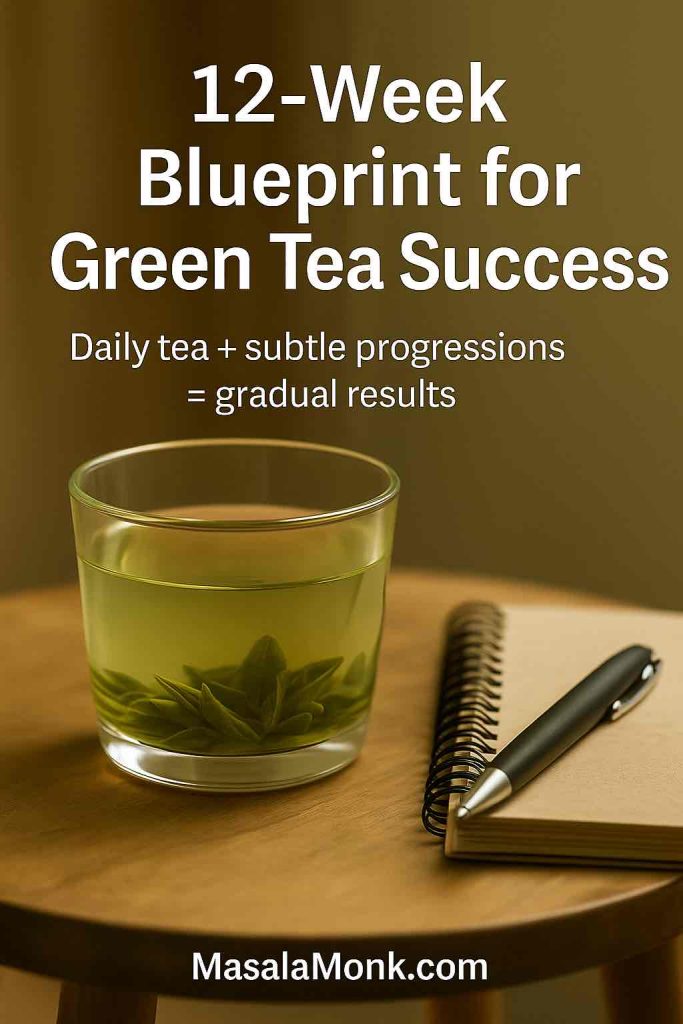 Green tea beside a spiral notebook and pen—overlay “12-Week Blueprint for Green Tea Success; Daily tea + subtle progressions = gradual results.”