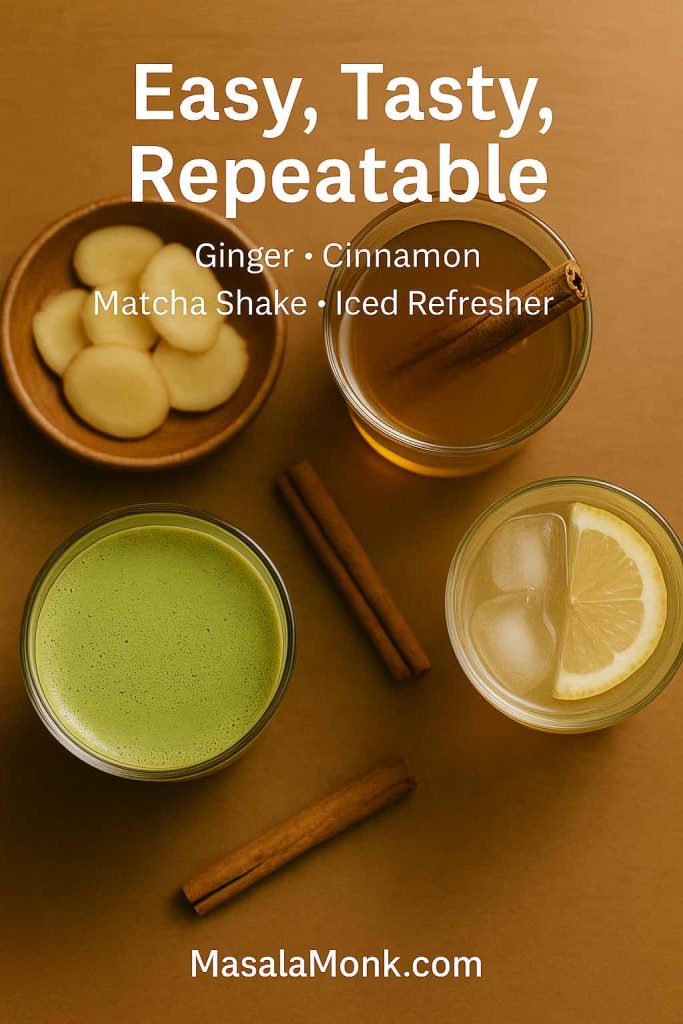 Overhead of four options—ginger slices, cinnamon tea, creamy matcha shake, and iced lemon refresher—with “Easy, Tasty, Repeatable” overlay.