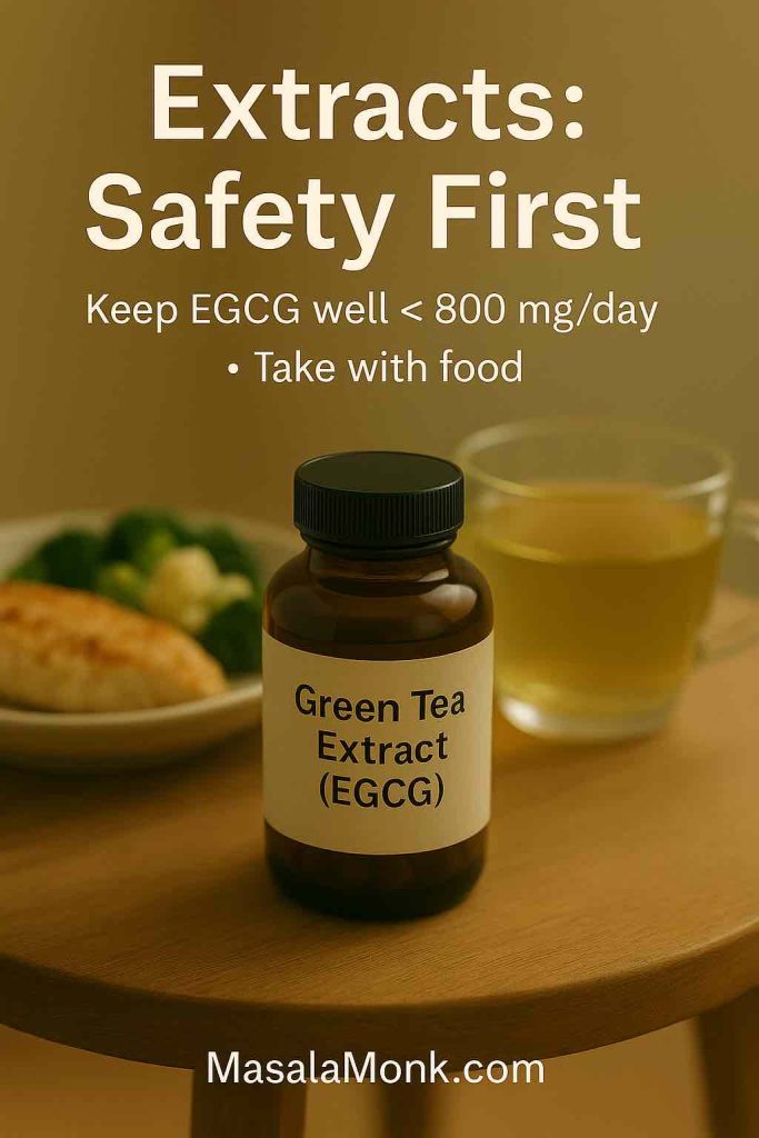 Amber bottle of green tea extract beside a small meal and a cup of tea—overlay reads “Extracts: Safety First; Keep EGCG well < 800 mg/day; Take with food.”