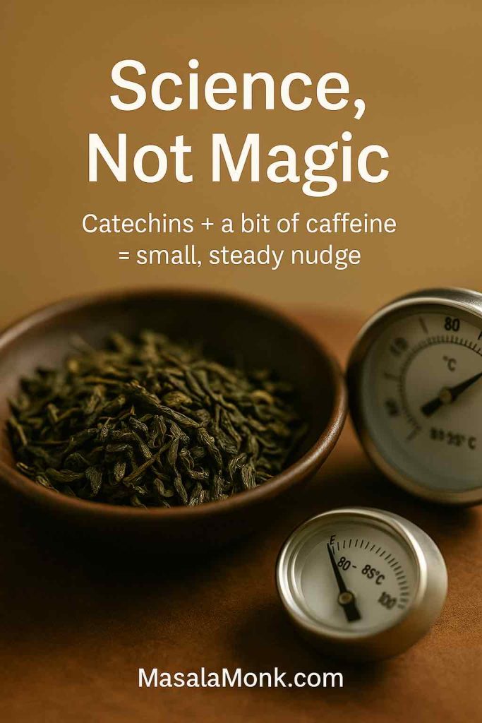 Bowl of loose green tea leaves with brew thermometers—Science, Not Magic overlay.