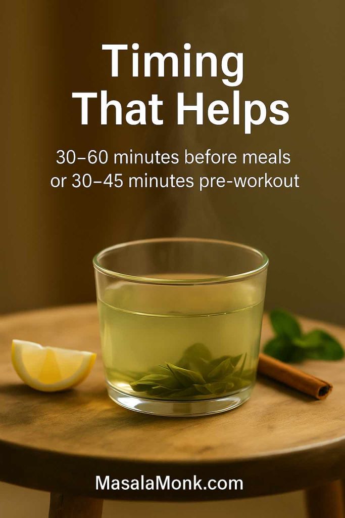 Cup of green tea with steam; text shows 30–60 min pre-meal or 30–45 min pre-workout.