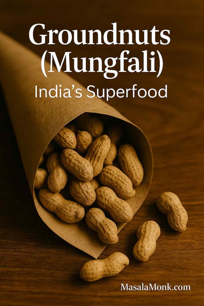 Street-style paper cone filled with roasted groundnuts (mungfali) on rustic table, labeled as India’s affordable superfood.