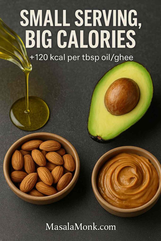 Olive oil pour, avocado half, almonds and peanut butter with text “Small Serving, Big Calories; +120 kcal per tbsp oil/ghee” for Weight Gain Foods. 