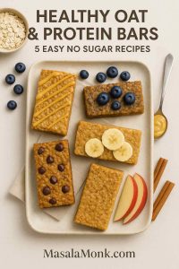 Healthy oat protein bars with peanut butter drizzle, chocolate chips, blueberries, banana slices, and apple cinnamon garnish displayed on a ceramic platter.