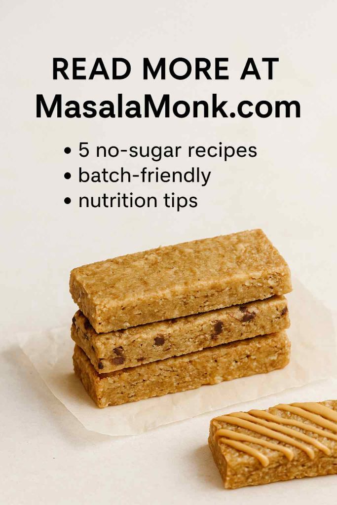 Call-to-action slide promoting healthy oat protein bars recipes at MasalaMonk.com with short bullets and a stack of bars.