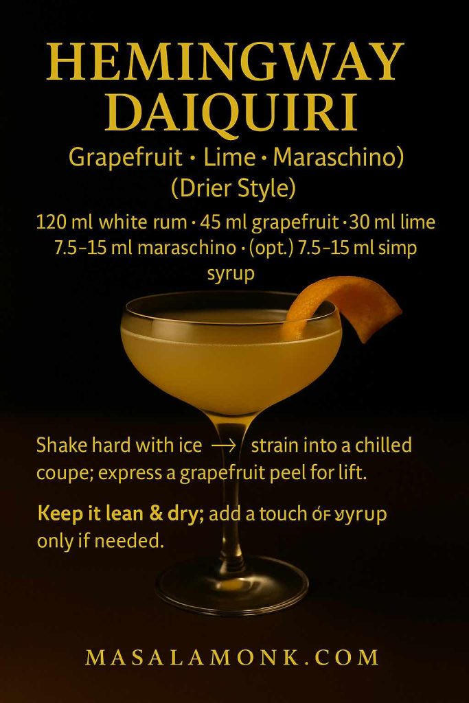 Hemingway Daiquiri recipe card with pale cocktail in a coupe; overlay shows rum, grapefruit, lime, maraschino, optional syrup, and shake–strain method with a drier-style tip — MasalaMonk