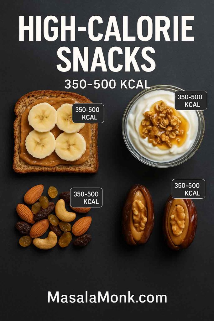 PB banana toast, yogurt with honey and walnuts, trail mix, and walnut-stuffed dates; each labeled 350–500 kcal are some of the best Weight Gain Foods.