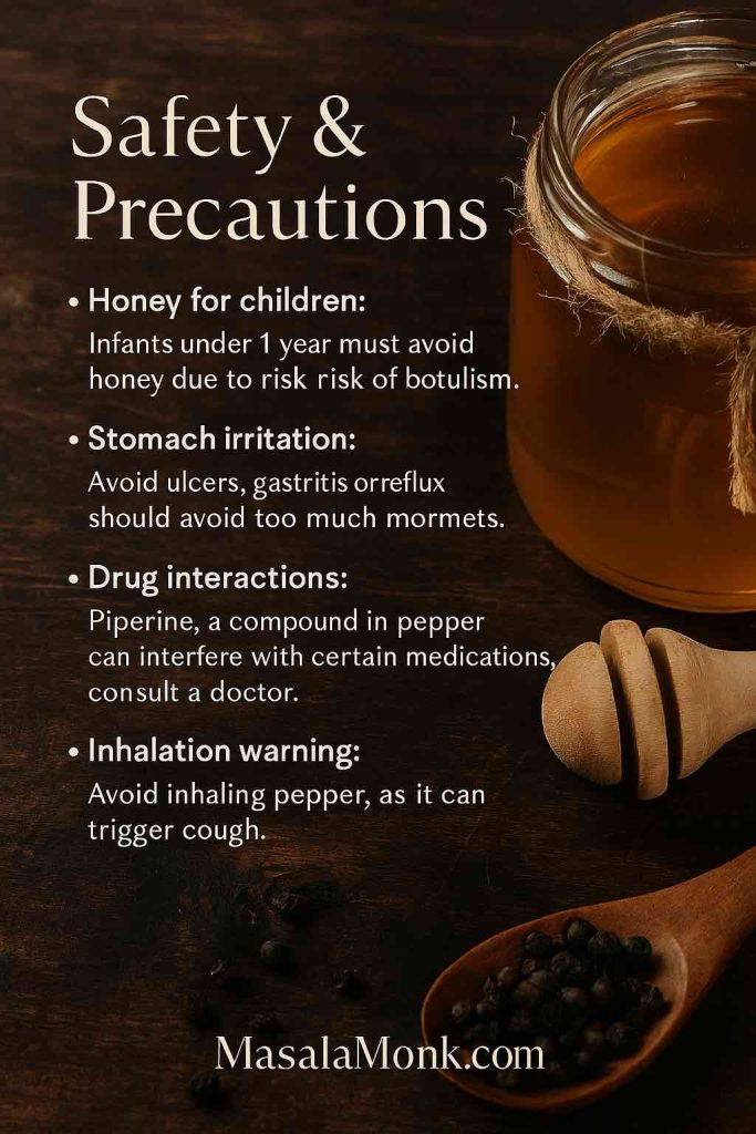 Photorealistic image of a rustic wooden table with a jar of honey and a black pepper grinder, styled like a luxury food magazine. Overlay text highlights safety tips for using honey and black pepper as a cough remedy. MasalaMonk.com watermark.