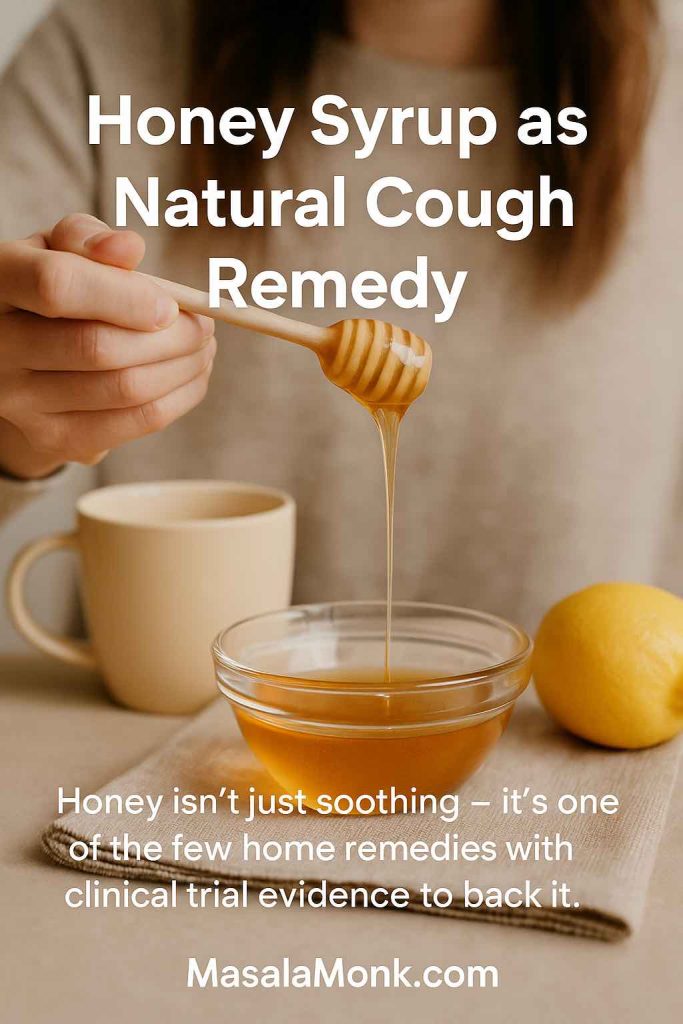 Close-up of honey being drizzled into a glass bowl with lemon and a mug in the background, with text overlay “Honey Syrup as Natural Cough Remedy — Honey isn’t just soothing, it’s scientifically proven.” MasalaMonk.com branding in footer.