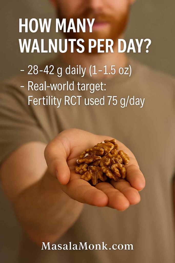 Man holding walnuts with serving size guidance (28–42 g per day) for max benefits for men.