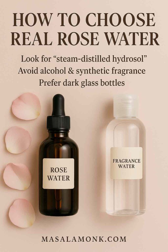 Flat lay of two bottles — one amber glass labeled Rose Water and one clear plastic labeled Fragrance Water — surrounded by rose petals, with overlay text explaining how to choose authentic rose water, footer MasalaMonk.com.
