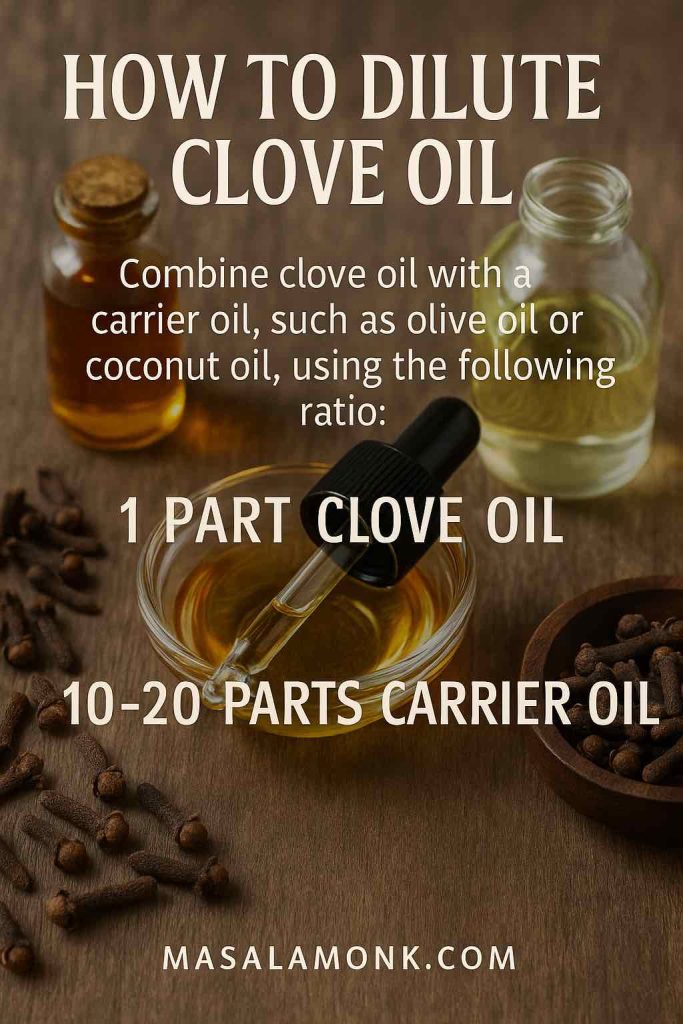 Clove oil dilution for toothache: 1 part clove oil to 10–20 parts carrier oil; apply briefly with cotton to the tooth, not the gums.