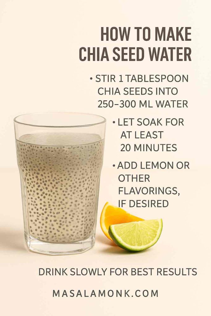 Step-by-step infographic showing how to make chia seed water: stir 1 tablespoon chia seeds into 250–300 ml water, soak 20 minutes, and add lemon or flavors. A glass of hydrated chia water sits alongside orange and lime slices, with MasalaMonk.com branding.