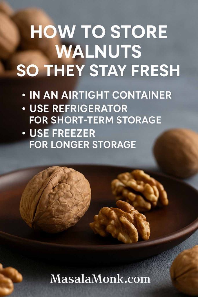 Whole and halved walnuts on plate with overlay listing storage tips: airtight container, refrigerate short-term, freeze for longer storage.