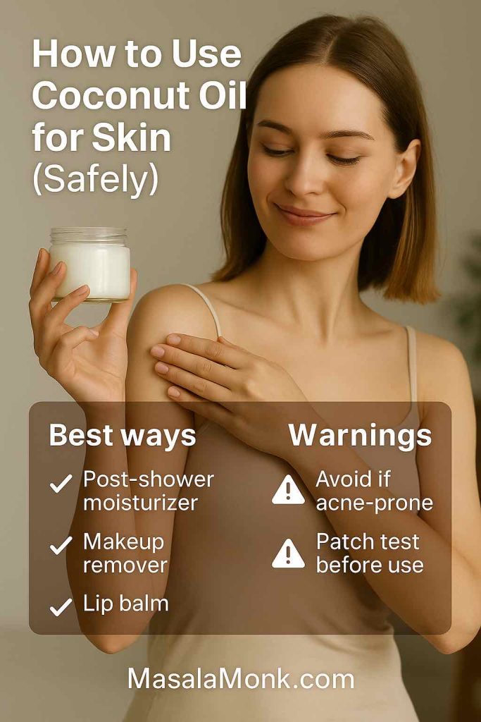 Woman holding coconut oil jar with tips on best ways to use coconut oil safely for skin care.