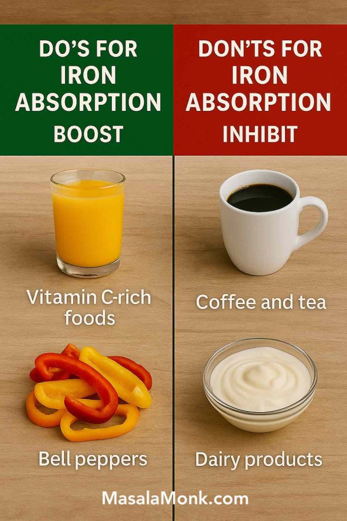 Split infographic showing vitamin C foods and peppers on the left and coffee plus dairy on the right to illustrate iron absorption tips