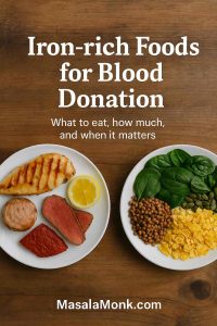 Iron-rich foods for blood donation: heme vs non-heme plates with chicken, tuna, beef, lemon, lentils, spinach, pumpkin seeds, fortified cereal on wooden table