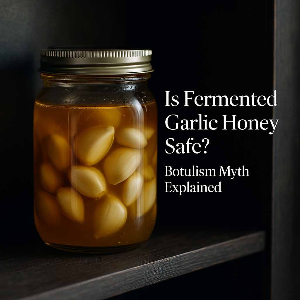 Jar of fermented garlic honey stored safely in a pantry, illustrating botulism myth explained.