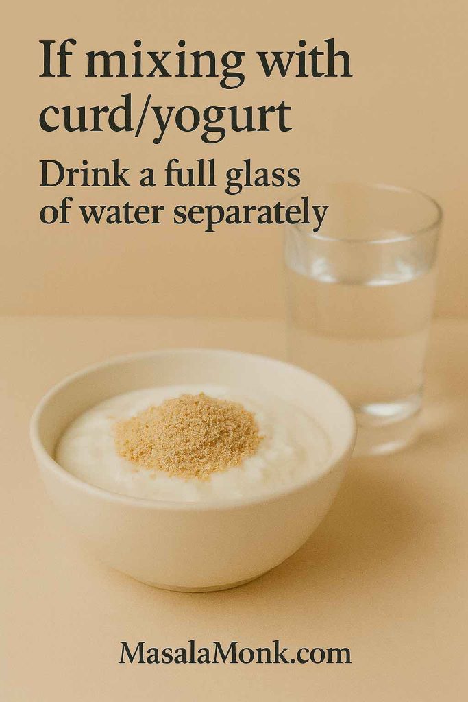Bowl of curd topped with isabgol beside a glass of water; overlay instructs to drink a full glass of water separately.