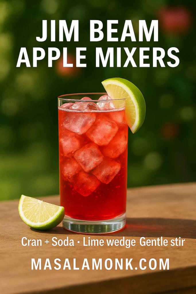 Photorealistic portrait of a Jim Beam Apple spritz with cranberry hue and soda bubbles; text overlay reads “Jim Beam Apple Mixers • Cran + Soda • Lime wedge • Gentle stir”; MasalaMonk.com footer branding.