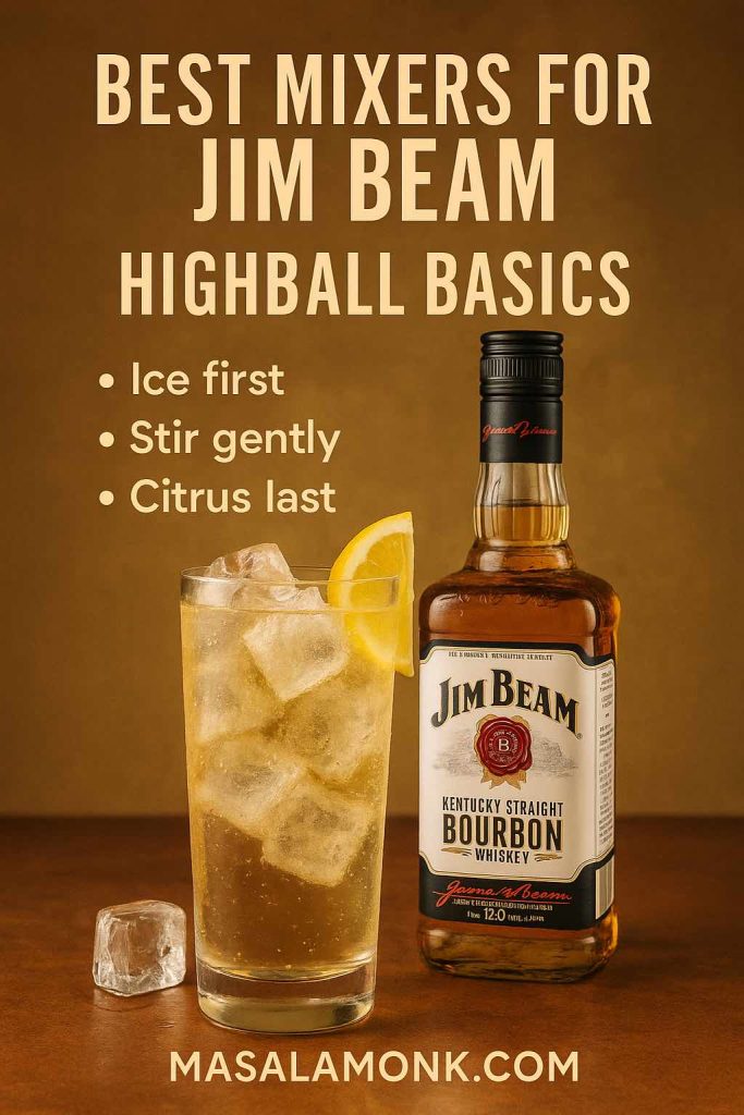 Photorealistic portrait of a Jim Beam highball with lemon wheel and lively fizz; text overlay reads “Best Mixers for Jim Beam • Ice first • Stir gently • Citrus last”; MasalaMonk.com footer branding.