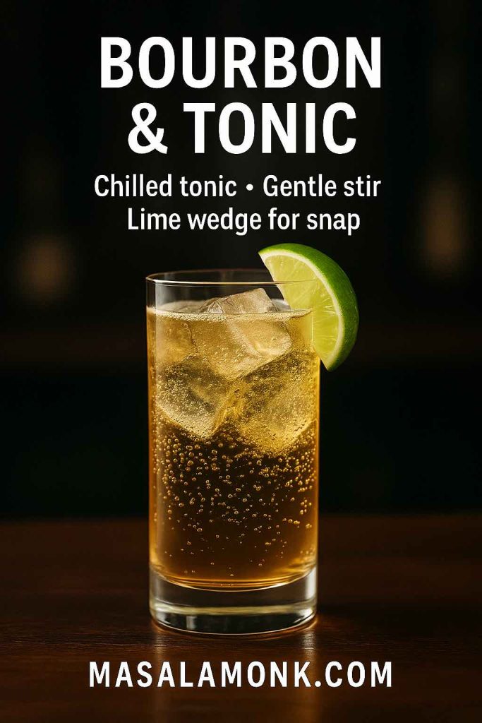 Portrait of a bourbon-and-tonic highball with sparkling bubbles and a lime wedge; overlay reads “Bourbon & Tonic • Chilled tonic • Gentle stir • Lime wedge for snap”; MasalaMonk.com footer.