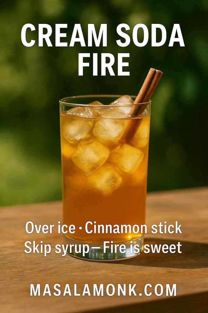 Tall highball of Jim Beam Fire with cream soda over ice, cinnamon stick garnish; overlay with practical tips; MasalaMonk.com footer.