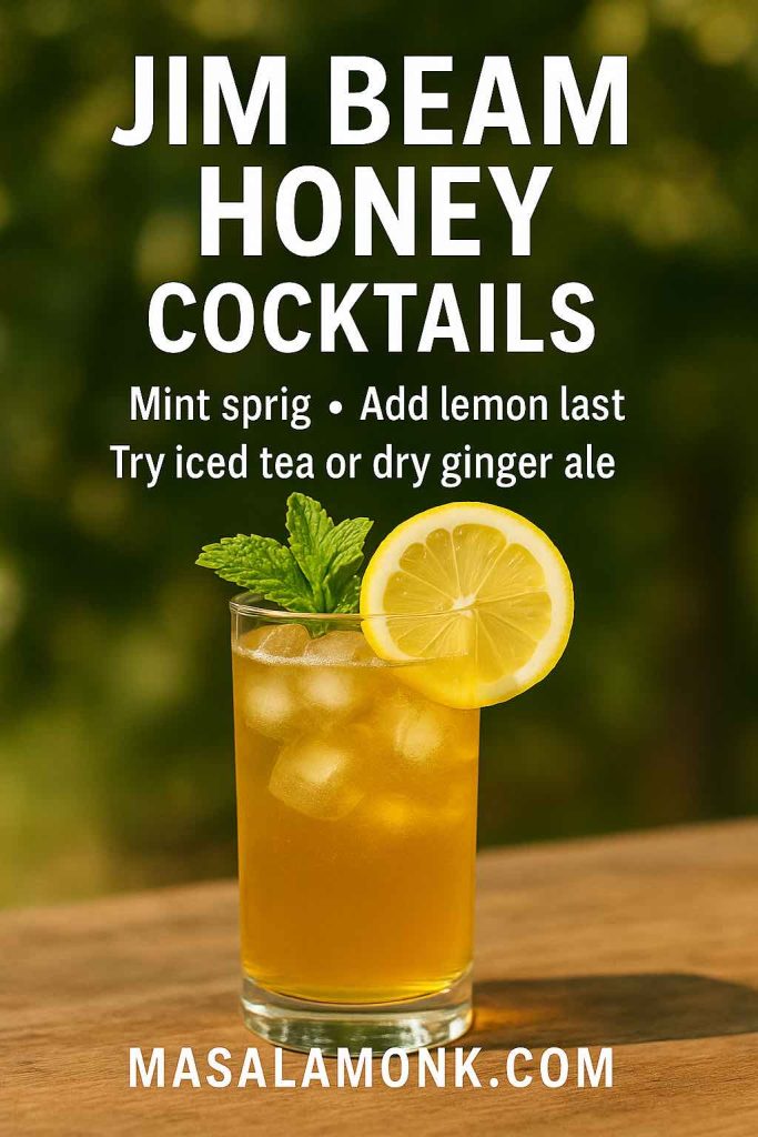 Photorealistic portrait of a Jim Beam Honey lemonade highball with mint and lemon slice; overlay reads “Jim Beam Honey Cocktails • Mint sprig • Add lemon last • Try iced tea or dry ginger ale”; MasalaMonk.com footer.