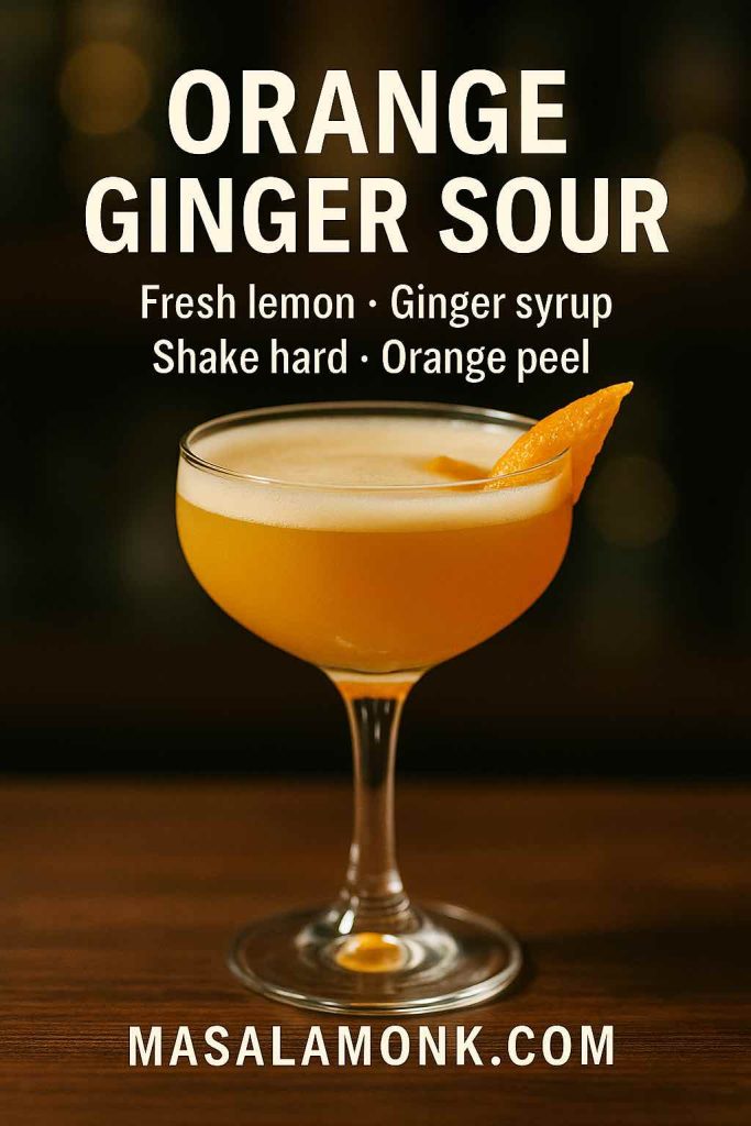 Portrait cocktail of Jim Beam Orange shaken with lemon and ginger syrup, served with an expressed orange peel; overlay reads “Orange Ginger Sour • Fresh lemon • Ginger syrup • Shake hard • Orange peel”; MasalaMonk.com footer.