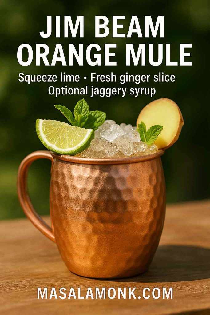 Photorealistic copper-mug Jim Beam Orange Mule with crushed ice, ginger beer, fresh lime and mint; overlay reads “Jim Beam Orange Mule • Squeeze lime • Fresh ginger slice • Optional jaggery syrup”; MasalaMonk.com footer.