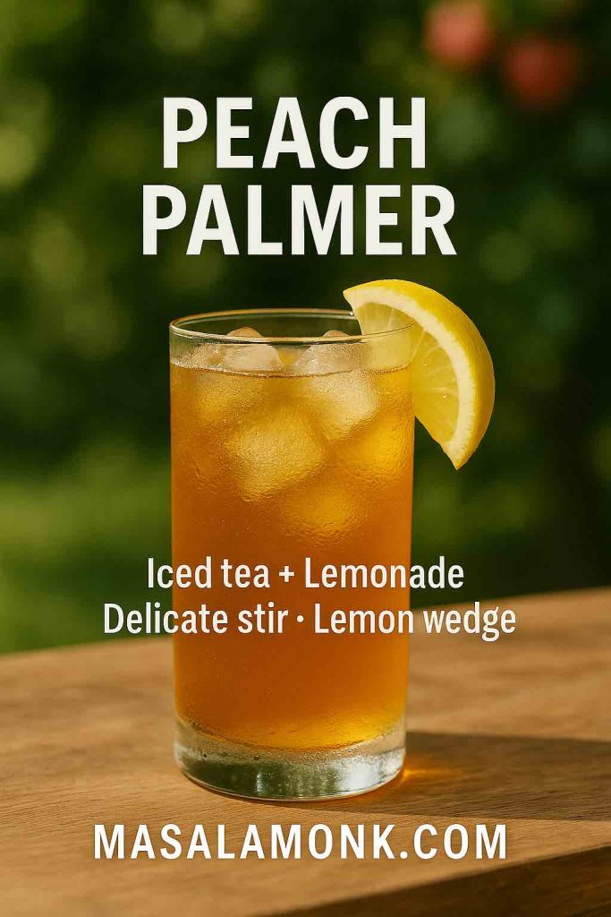 Photorealistic portrait of a Peach Palmer—Jim Beam Peach with iced tea and lemonade, condensation on the glass; overlay reads “Peach Palmer • Iced tea + Lemonade • Delicate stir • Lemon wedge”; MasalaMonk.com footer.