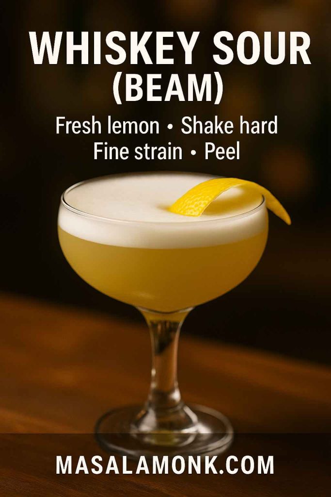 Whiskey Sour made with Jim Beam, silky head, lemon peel; overlay with shake/strain cues; MasalaMonk.com footer.