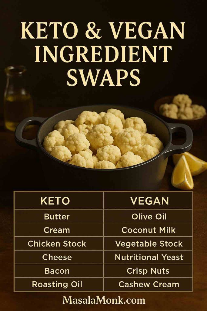 Ingredient swap chart for cauliflower soup—keto (butter, cream, chicken stock, cheese, bacon) vs vegan (olive oil, coconut milk, veg stock, nutritional yeast, crisp nuts, cashew cream).
