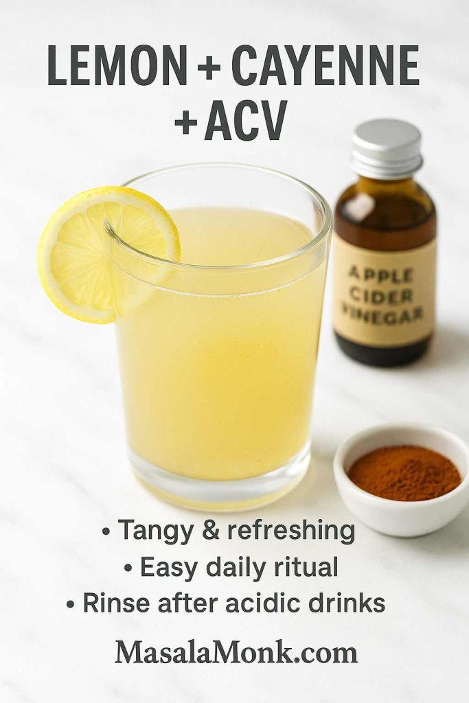 Photorealistic portrait of a lemon, cayenne, and apple cider vinegar drink in a clear glass with a lemon slice on the rim; ACV bottle and small bowl of cayenne on a light marble surface; headline reads “LEMON + CAYENNE + ACV” with bullets “Tangy & refreshing • Easy daily ritual • Rinse after acidic drinks”; MasalaMonk.com footer.