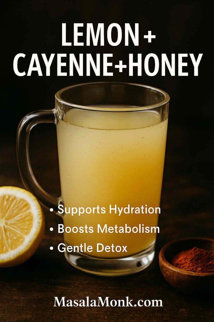 Close-up of a warm lemon, cayenne, and honey drink in a clear mug with a lemon half and cayenne powder on a dark surface; headline reads “Lemon + Cayenne + Honey” with bullets “Supports Hydration • Boosts Metabolism • Gentle Detox”; MasalaMonk.com footer.